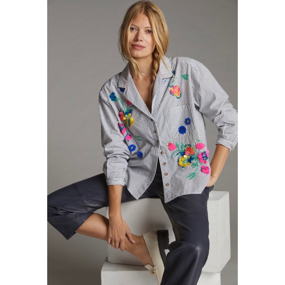 NWT Maeve Anthropologie Sequin Floral Embroidered Striped Button Up Shirt Size 2